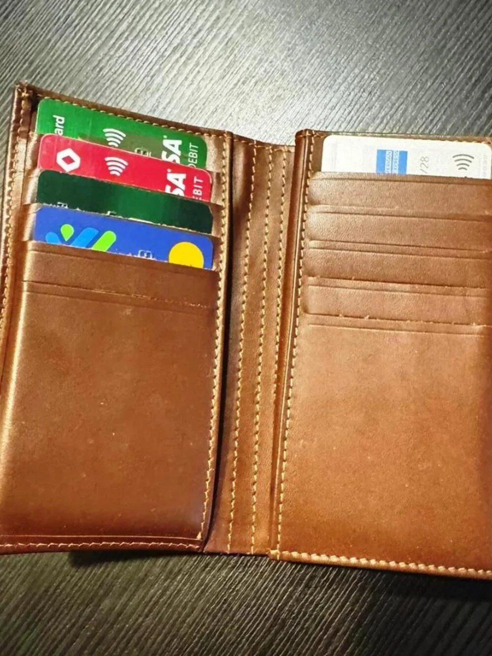 Genuine Brown Leather Long Bifold Wallet - Slim Card Organizer